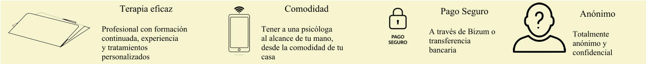 Profesional con formación continuada, experiencia y tratamientos personalizados Terapia eficaz Tener a una psicóloga al alcance de tu mano, desde la comodidad de tu casa Comodidad A través de Bizum o transferencia bancaria Pago Seguro Totalmente anónimo y confidencial Anónimo